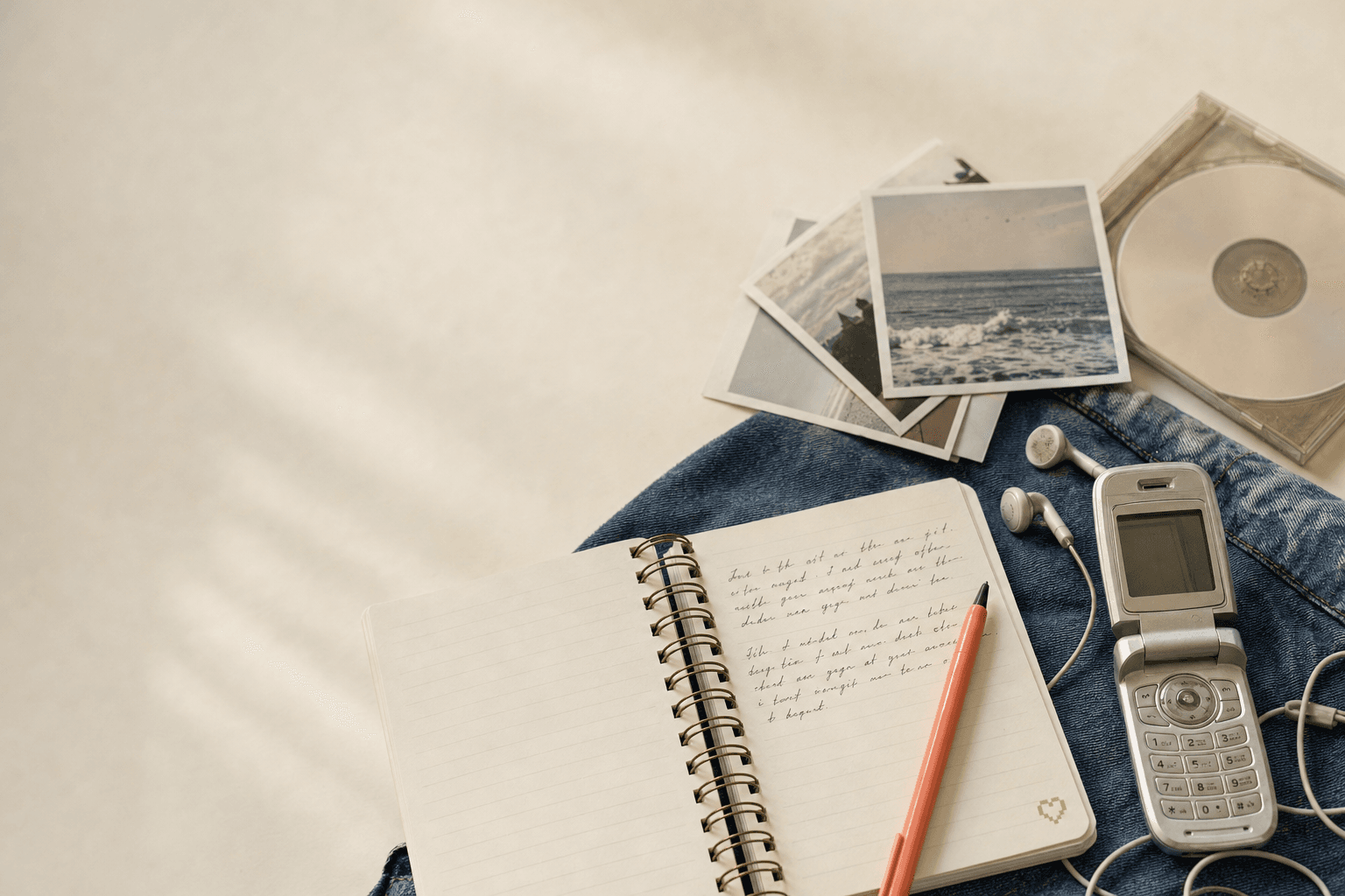 An open journal beside familiar objects from the early 2000s